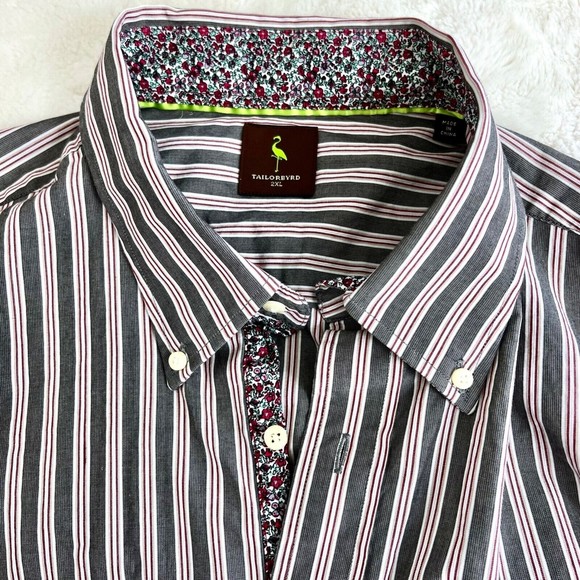 Tailorbyrd Mens Long Sleeve Dress Shirt 2XL Gray Striped Floral Contrast - Picture 6 of 8